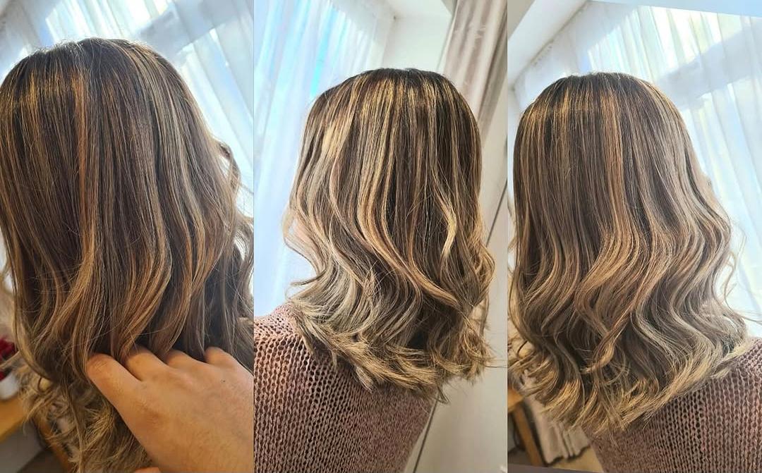 Before and after blonde refresh with soft waves