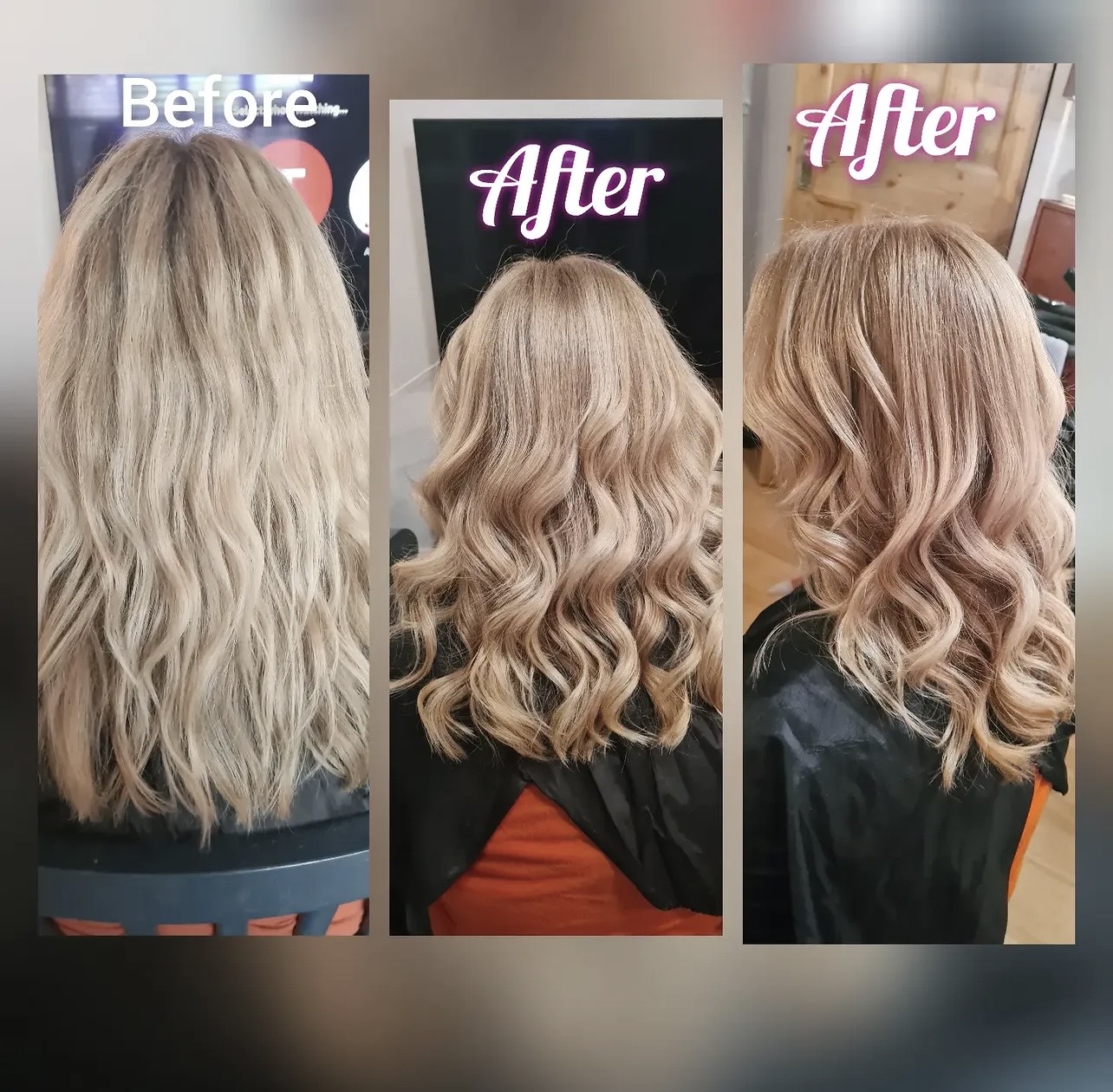 Before and after blonde correction with soft curls